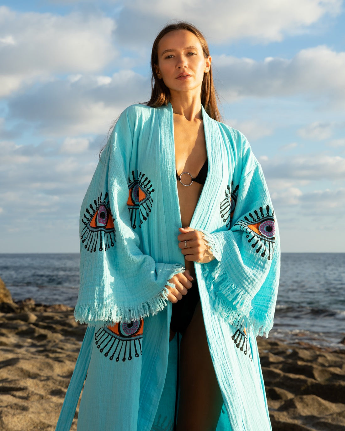 Turquoise - Orange Evil Eye Kimono Robe