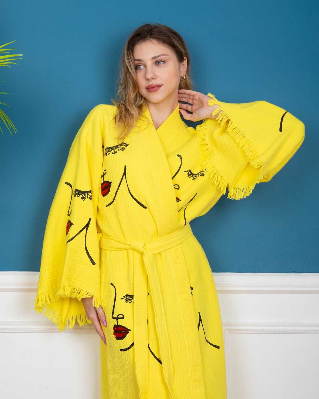 Yellow Women Face Kimono Robe