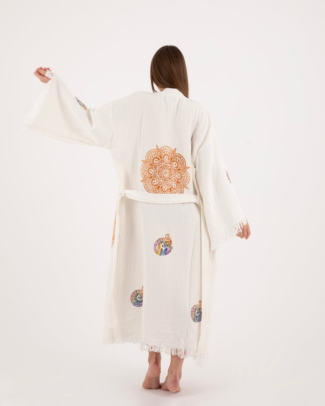 White Kimono with Mandala Bird Pattern Robe