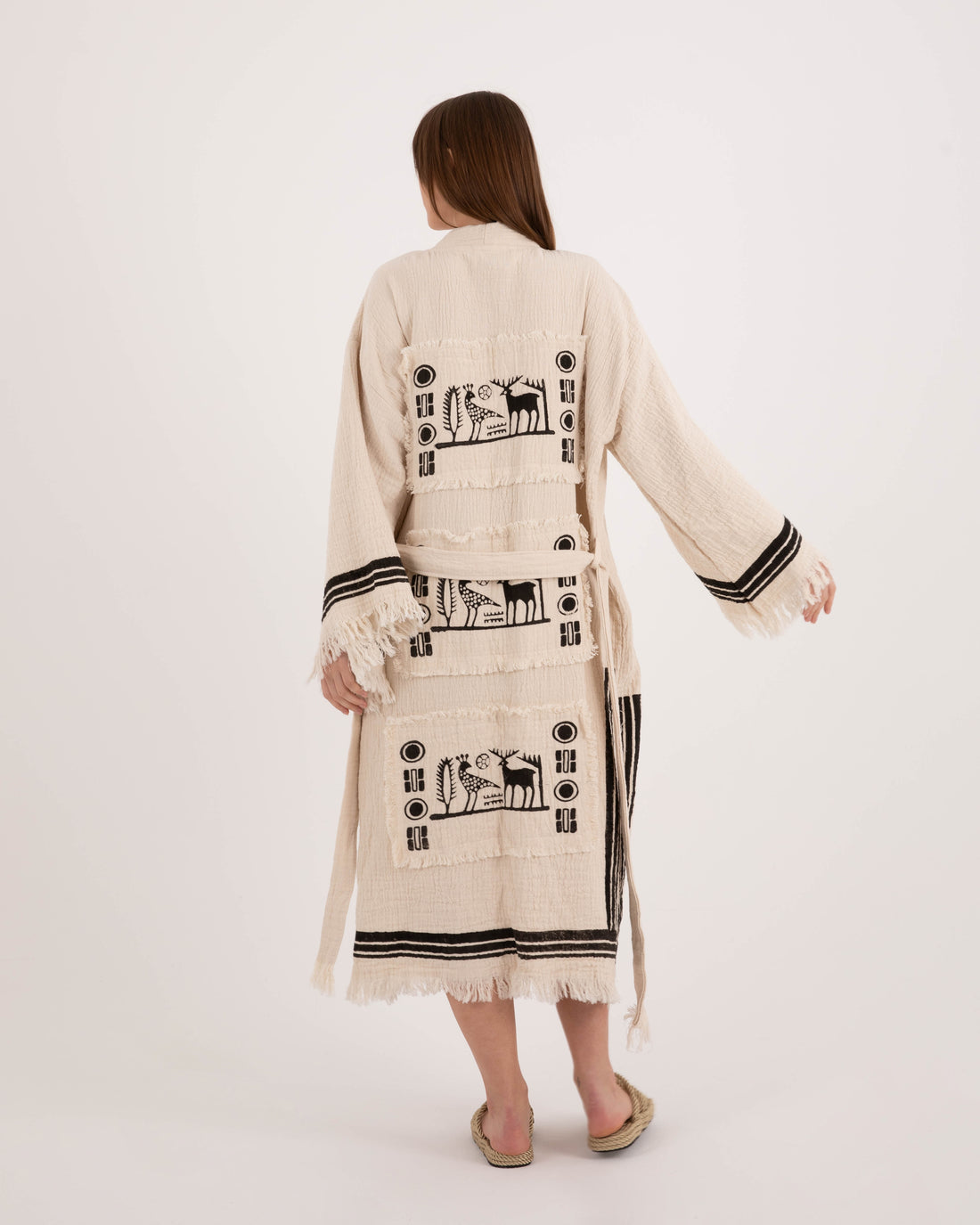 Beige Kimono with Ethnic Deer and Bird Pattern Robe