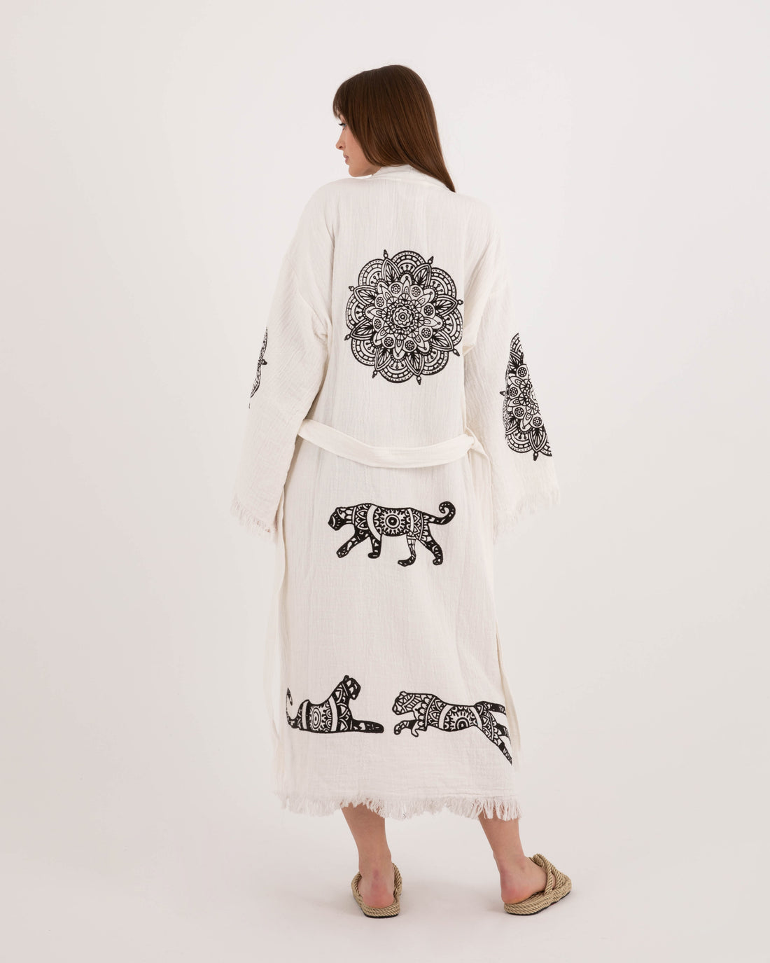 White Kimono Robe with Black Leopard Pattern