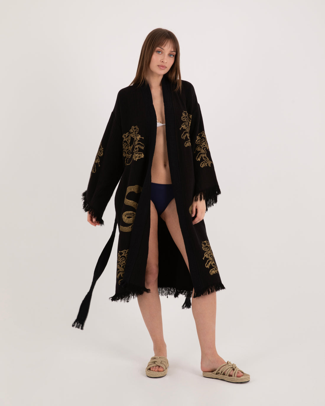 Black Kimono With Gold Snake Embroidery Robe