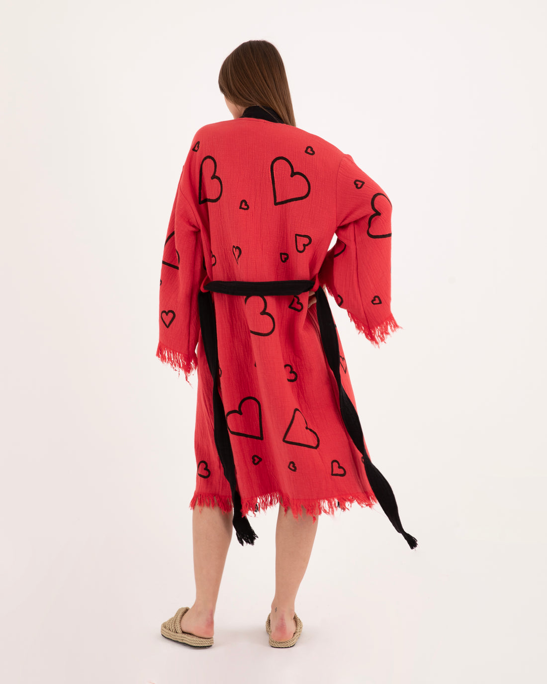 Red Kimono with Black Heart Pattern Robe