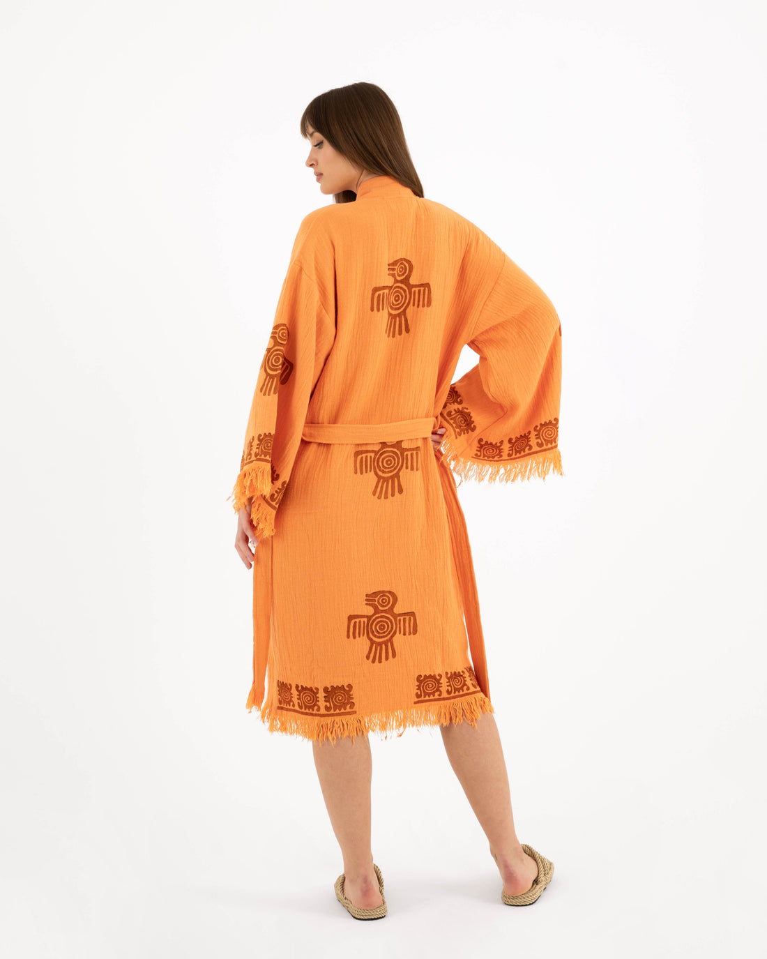 Ethnic Bird Detailed Orange Kimono Robe