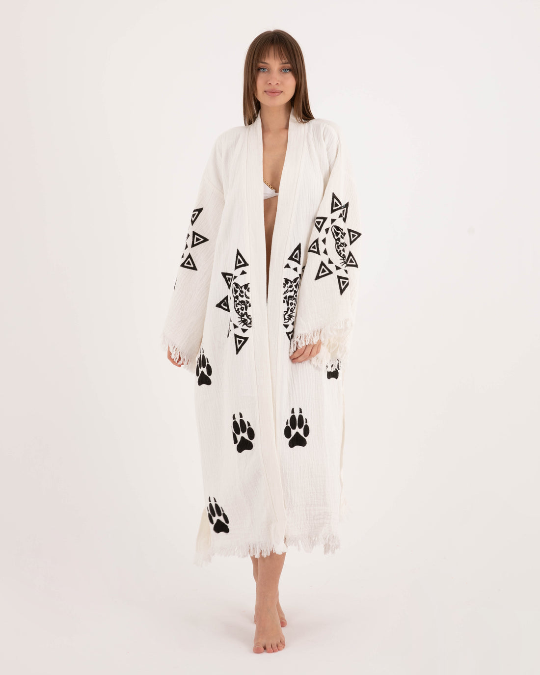 White Kimono With Paw Leopard Pattern