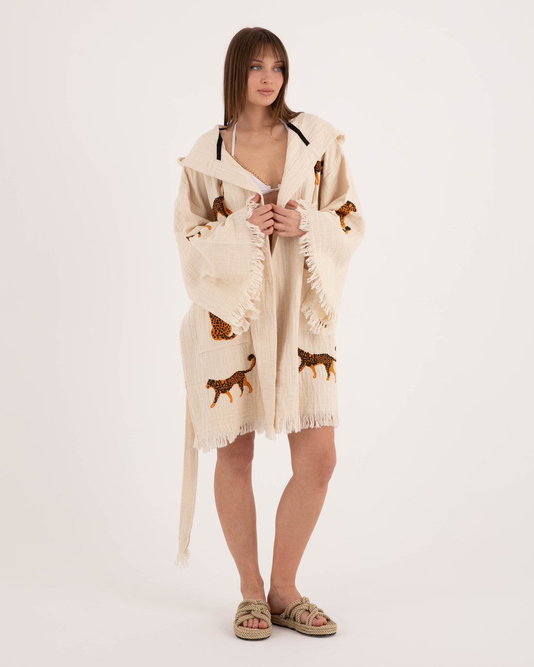 Beige Brown Leopard Patterned Kimono