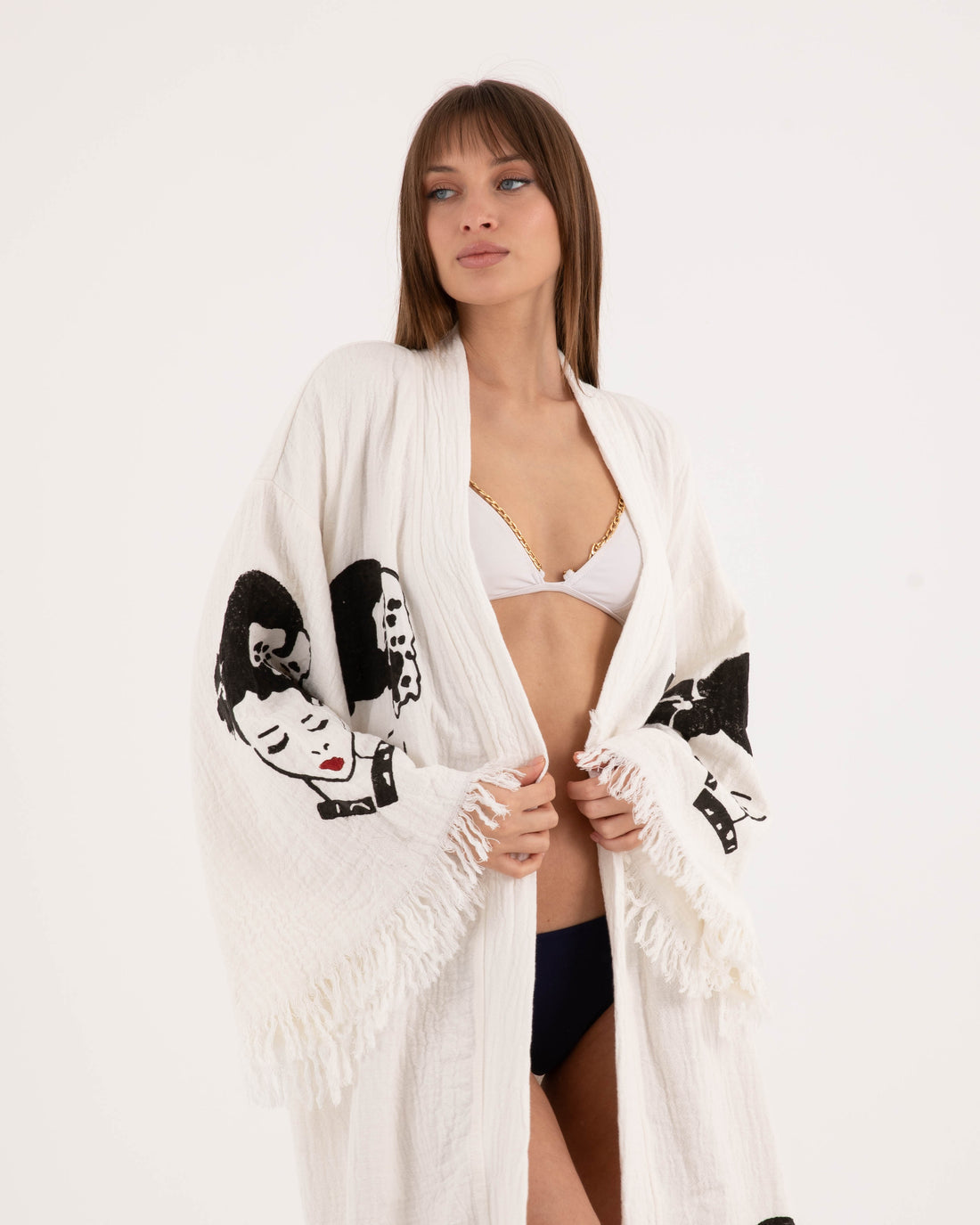 Asian Women's Patterned White Kimono