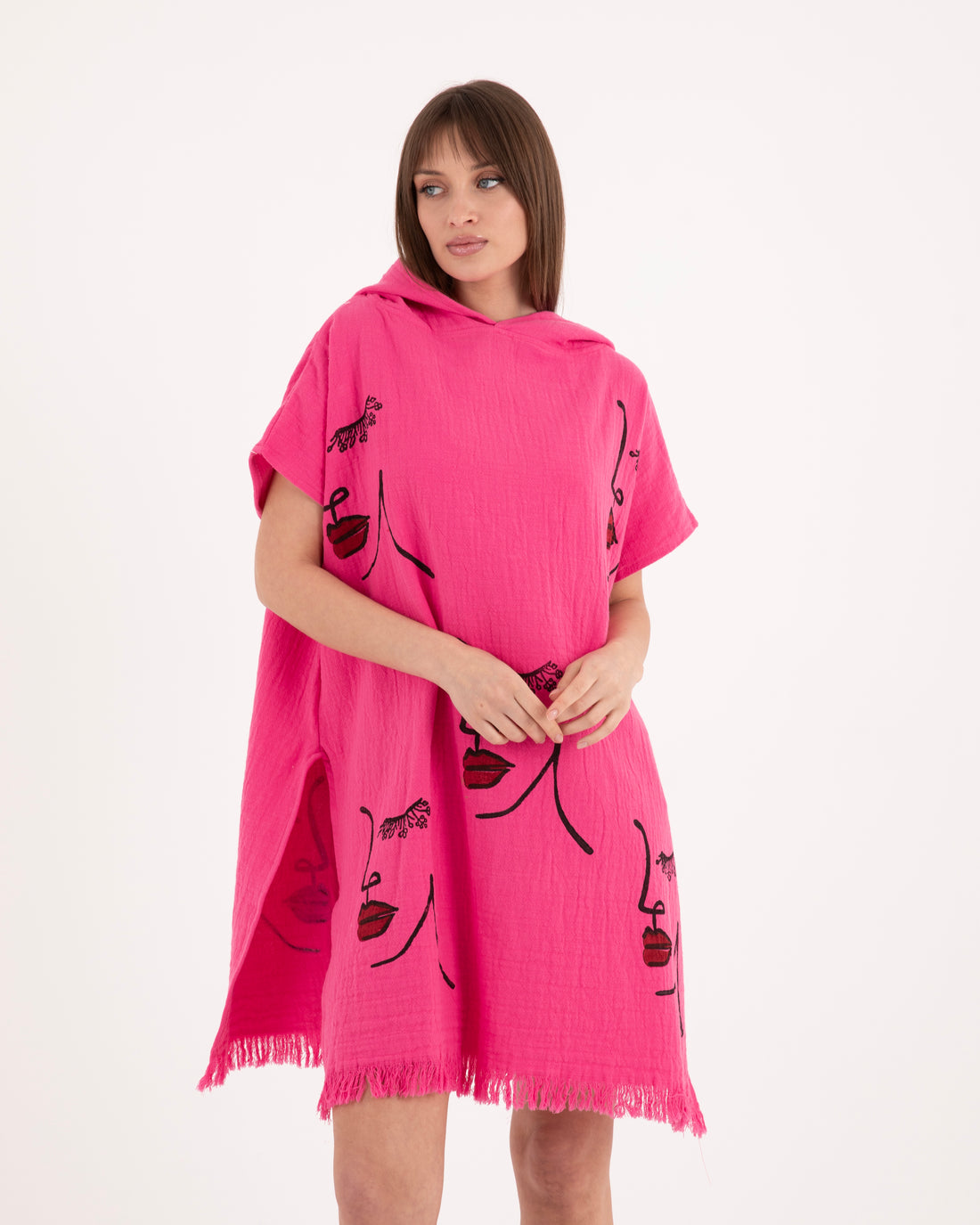 Woman Face Pattern Pink Poncho