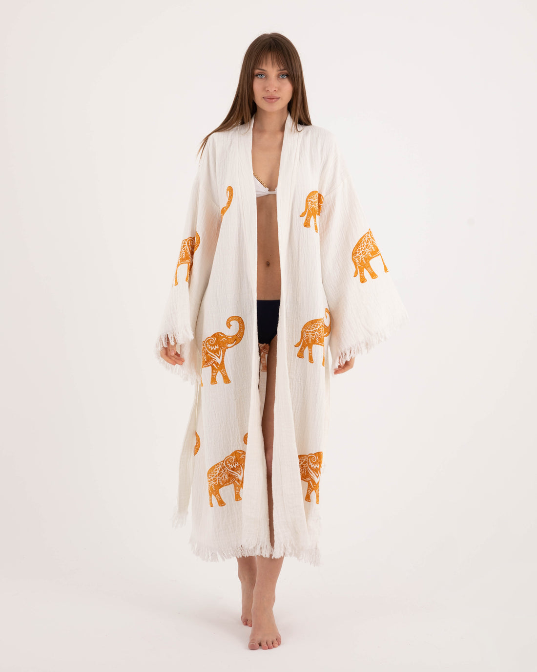 Orange Elephant Patterned White Kimono